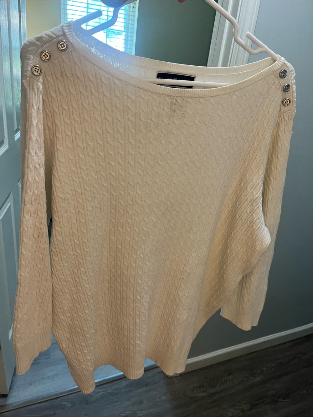 Karen Scott Cream Cable-Knit Crew Sweater with Shoulder Buttons